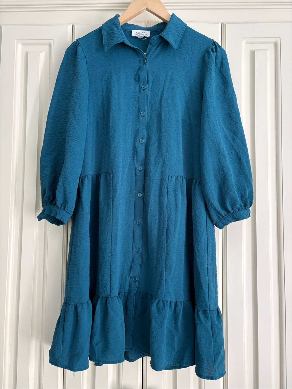 TAHARI Turquoise Long Sleeved ButtonUp Baby Doll Midi Dress Shirt Size 6